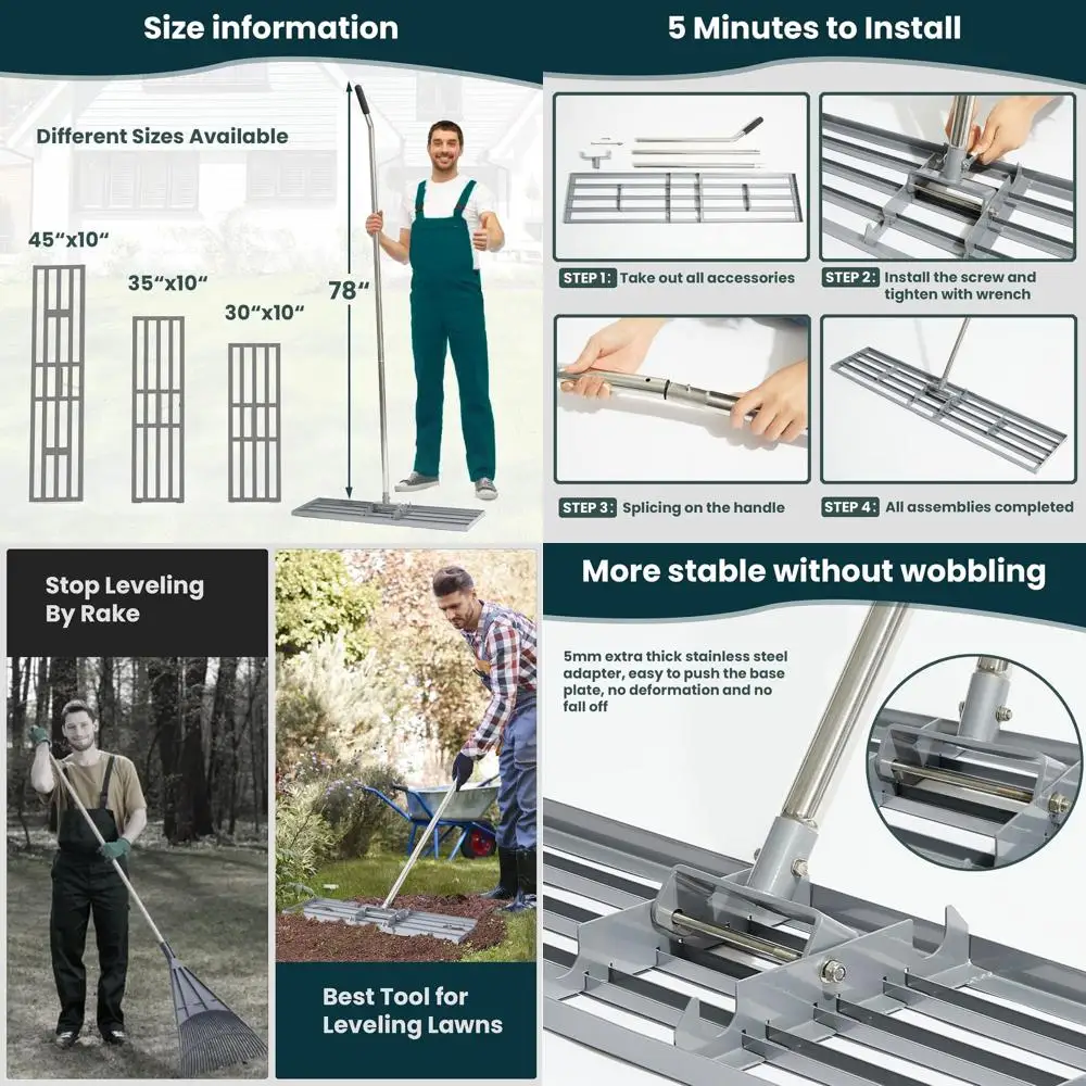 

Professional Grade 35x10 Inch Lawn Leveling Rake with Stainless Steel Handle for Heavy Duty Yard, Garden, and Golf Course Mainte