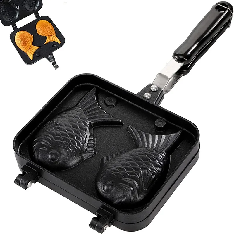 Kitchen Japanese Taiyaki Double Fish Shaped Hot Dessert Waffle Cake Maker Pan Japanese Pancake Double Pan Fry Pan Waffle Molds