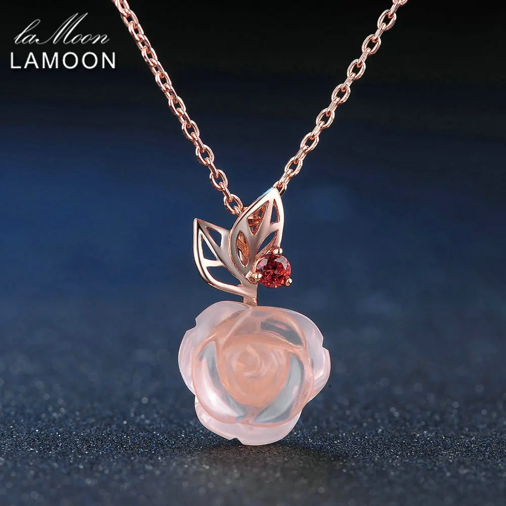 LAMOON Rose Flower 925 srebro naszyjnik różowy kamień kwarcowy naszyjniki 18K Rose pozłacane Fine Jewelry LMNI025