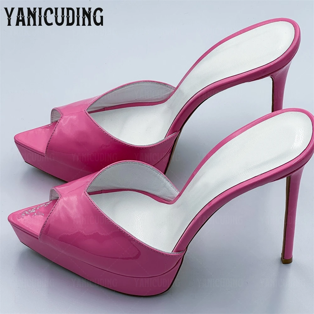 

Baby Pink Patent Leather Pointed Toe Mules Platform Stiletto Slippers Designer Fashion Style Peep Toe High Heel Summer Slippers