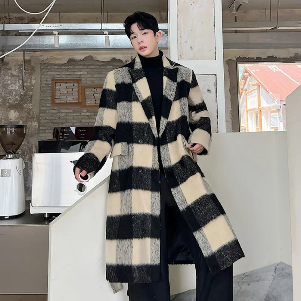 

Woolen Coat Men Autumn Winter Korean Streetwear Fashion Loose Casual Vintage Plaid Long Trench Coat Windbreak Jacket Outerwear