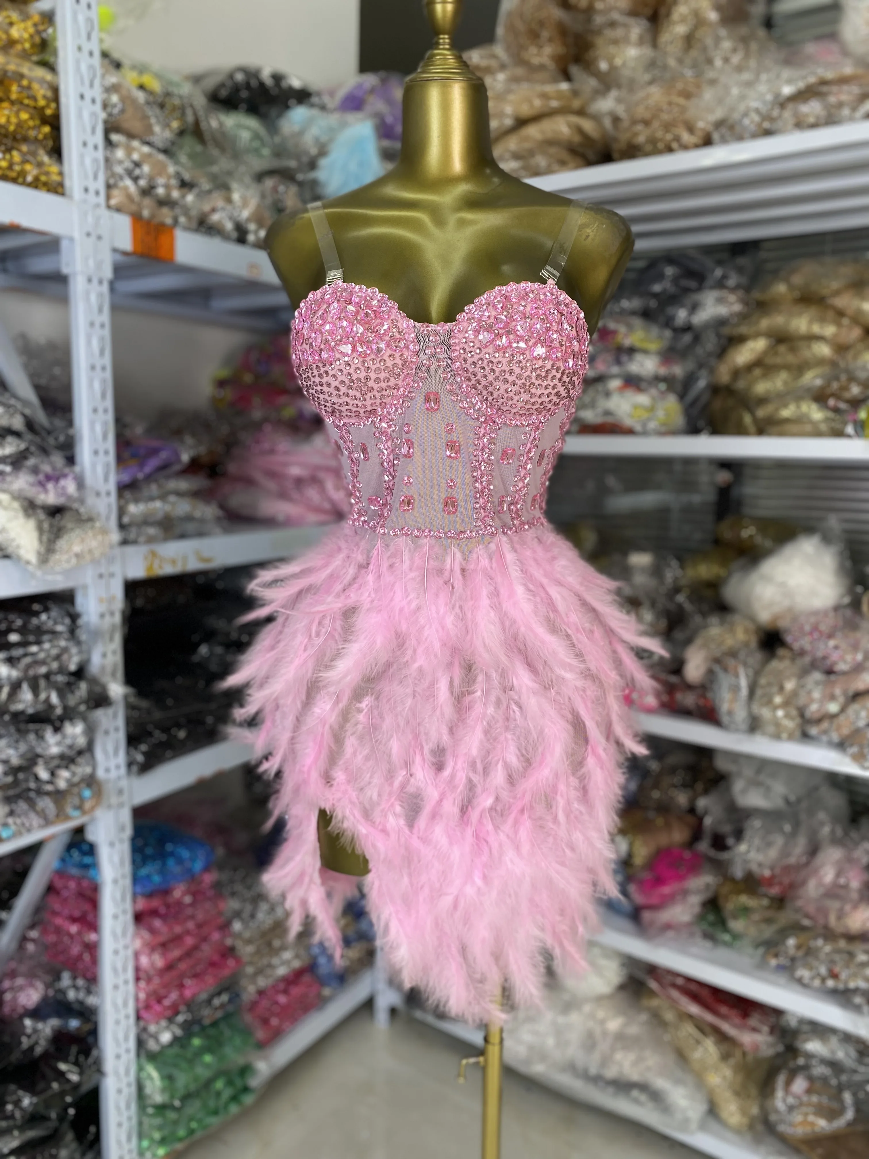 Roze Strass Bustier Corset Veren Mesh Bodycon Mini Jurk Vrouwen Verjaardag Avond Club Feestjurk Prestaties Kostuums
