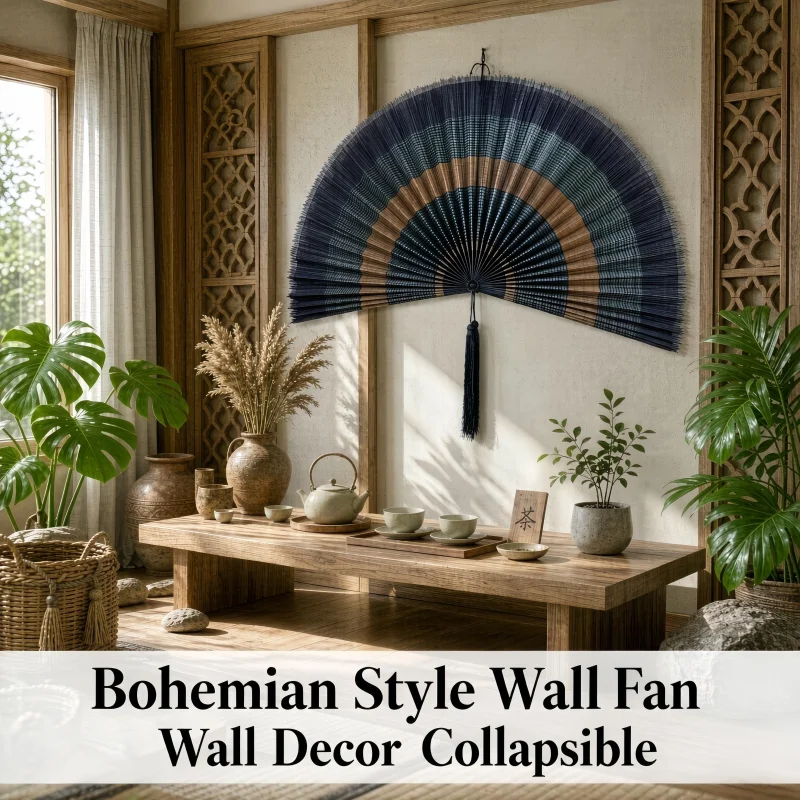 1PC Handmade Natural Bamboo Wall Hanging Fan, Bohemian Foldable Weaving Wall Art Decorative Fan with Tassel for Home Living Room