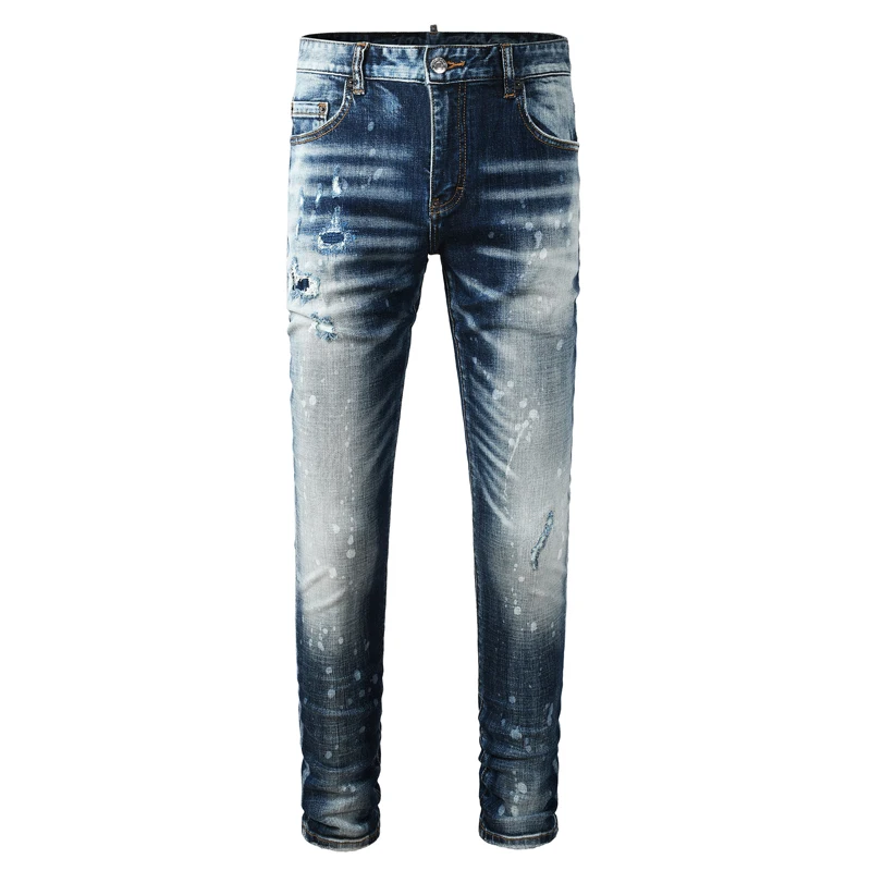 Designer fashion new men's jeans with pleated painted stretch slim fit blue jeans hip-hop brand pants hombre