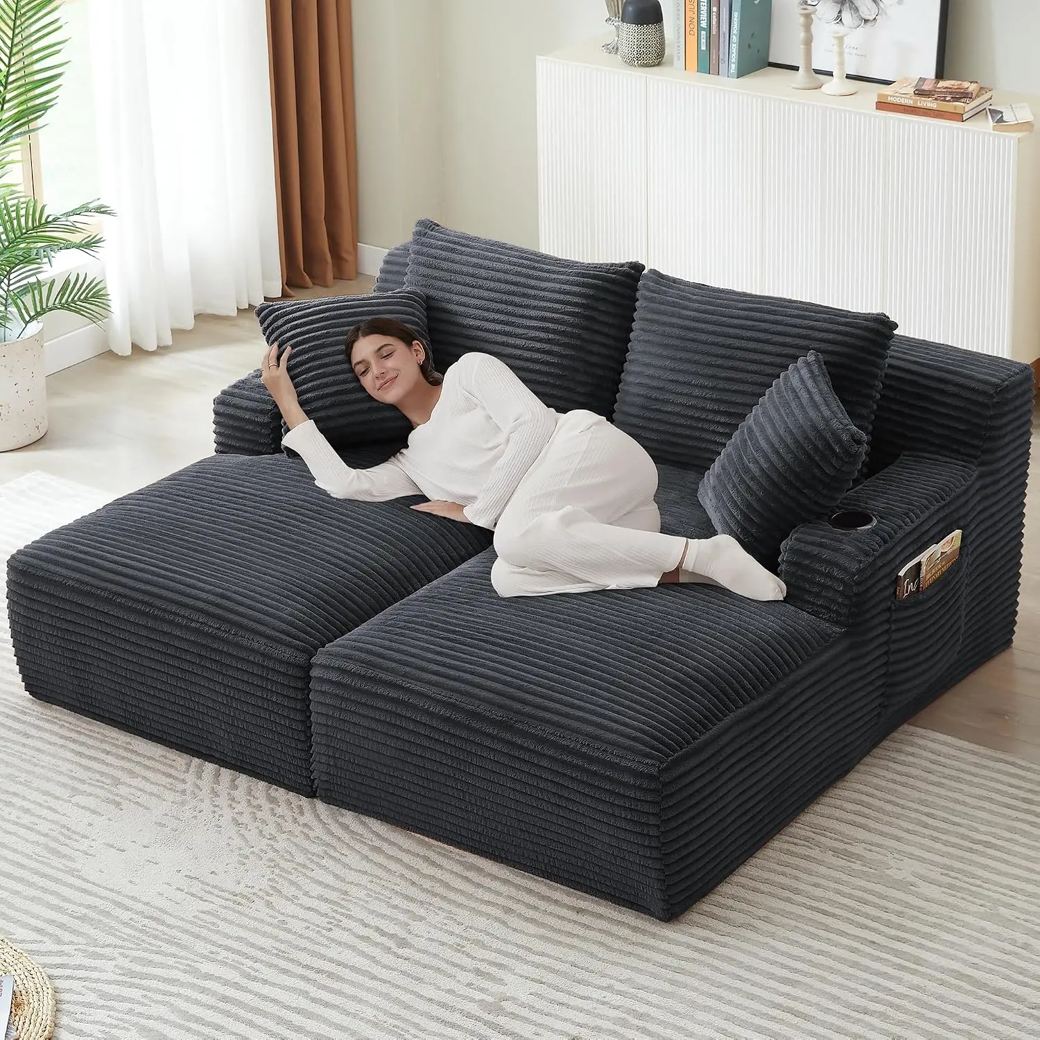 Oversized Double Chaise Lounge, Boneless Sleeper Sofa with Cup Holders, Deep Seat Loveseat with Pocket, No Assembly, Customized