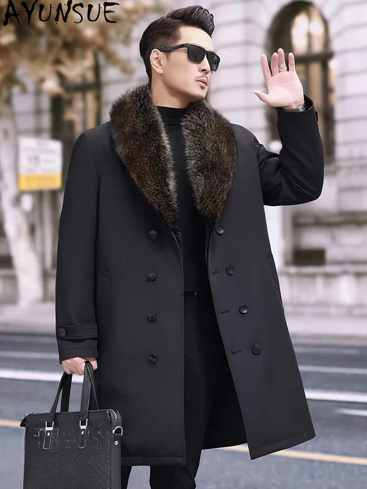 AYUNSUE High Quality Natural Fur Parkas Men Luxury Winter Detachable Rabbit Fur Liner Jacket Raccoon Collar Long Fur Coats Man