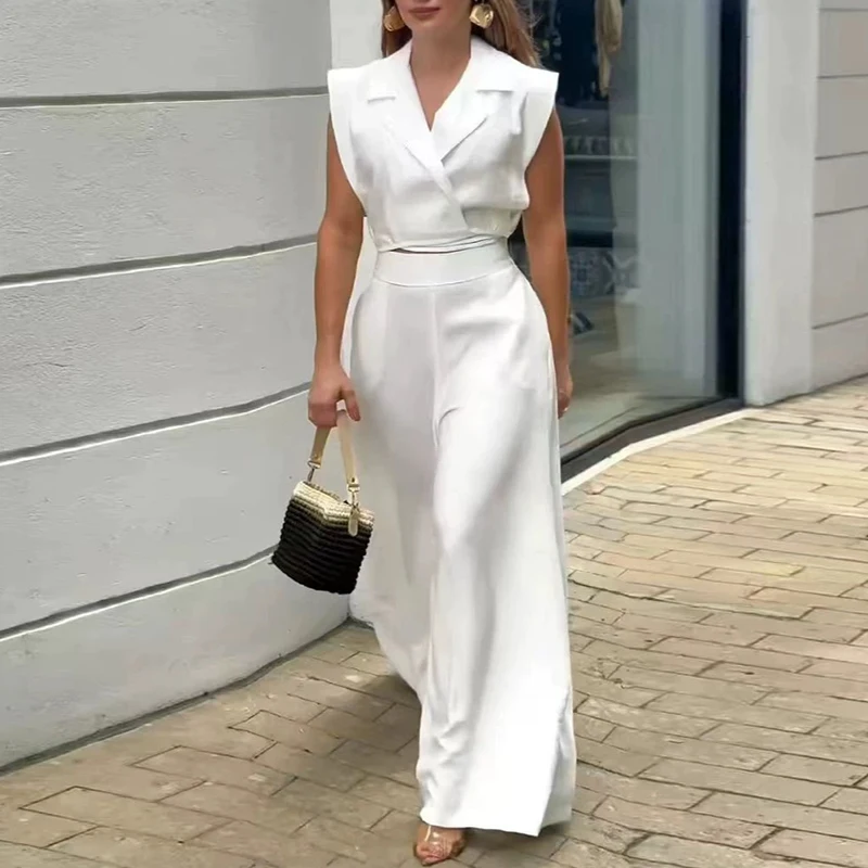 Women New Solid Two Piece Set Casual Sleeveless Lapel Wrap Crop Top High Waist Wide Leg Pant Suit Elegant Business Casual Outfit