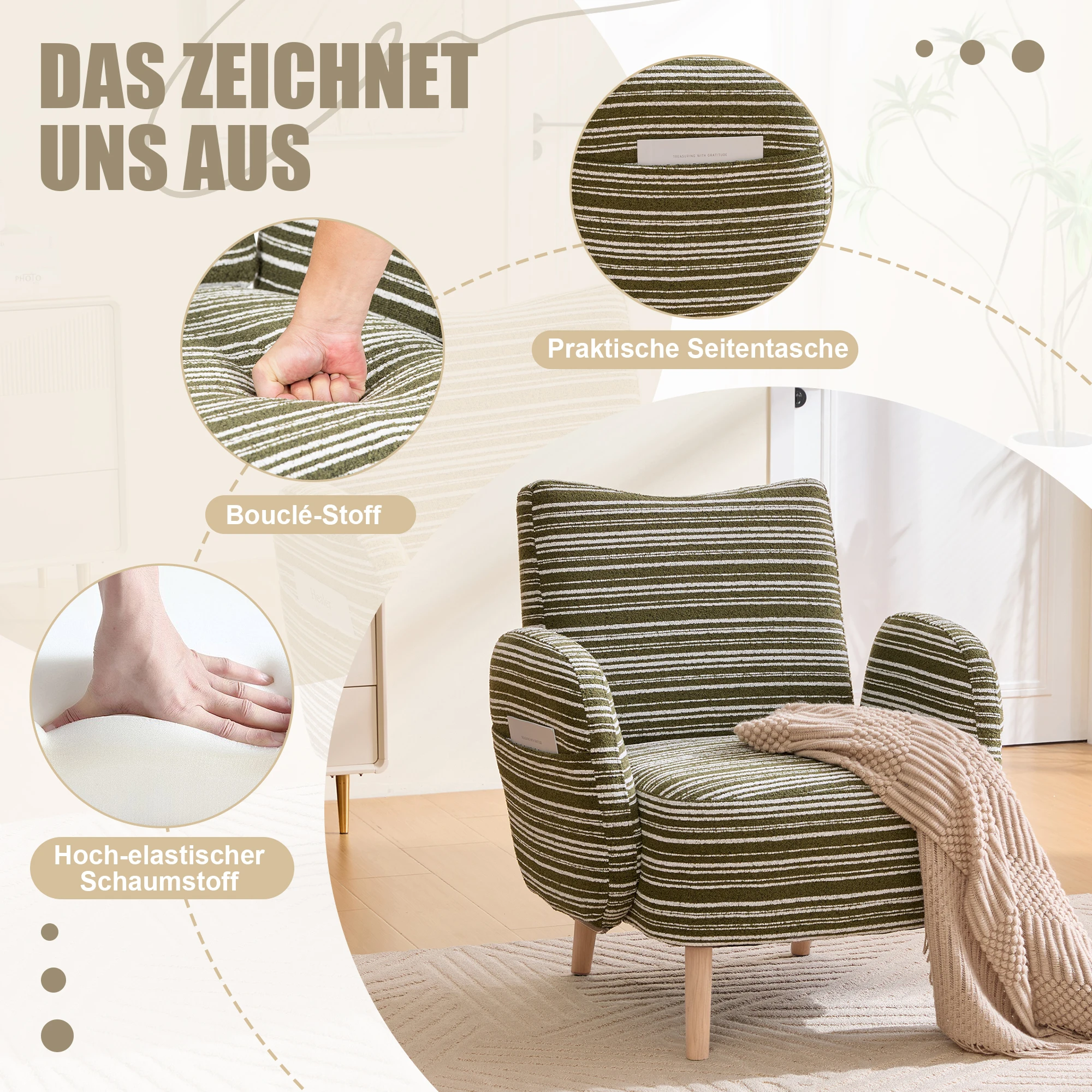 PINGGO Moderner Stoffsessel mit Seitentasche & Massivholzbeinen, Komfortabler Lesesessel für Wohnzimmer Schlafzimmer Büro – Detail 3