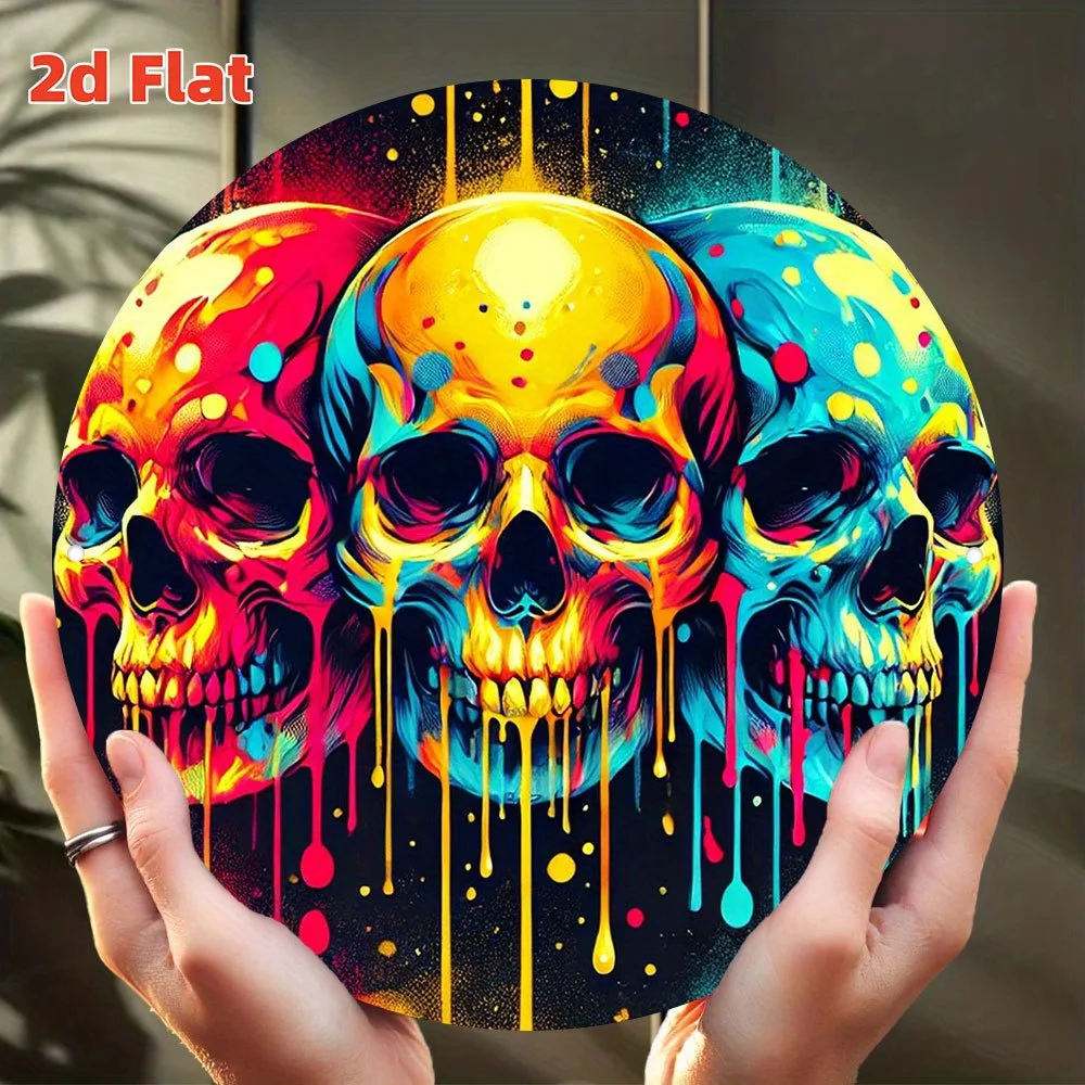 Gothic Wall Art Round Metal Panel - 20cm Skull & Crossbones Tattoo Decoration Suitable for Rock Bars, Bedrooms, Study