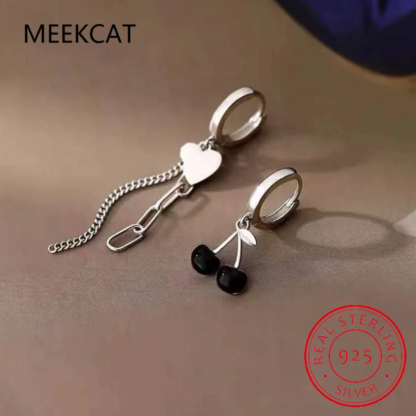 Girls Real 925 Sterling Silver Asymmetry Heart Cherry Hoop Earrings Women Daughter Birthday Party Gift Jewelry DS4532