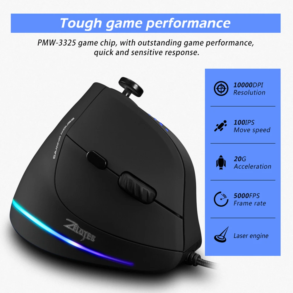 

Вертикальная игровая мышь ZELOTES T20, 3200 точек на дюйм, 6 кнопок, перезаряжаемые игровые мыши, 4 передачи, USB-проводная оптическая мышь RGB для ПК, ноутбука