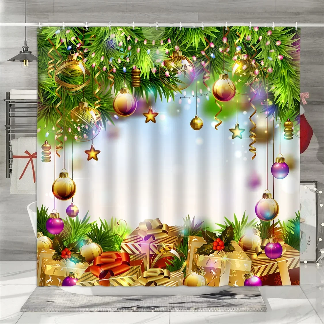 Christmas Shower Curtain, Winter Colourful Christmas Balls Pine Needle Gifts Merry Christmas Wreath Polyester Bathroom Decor