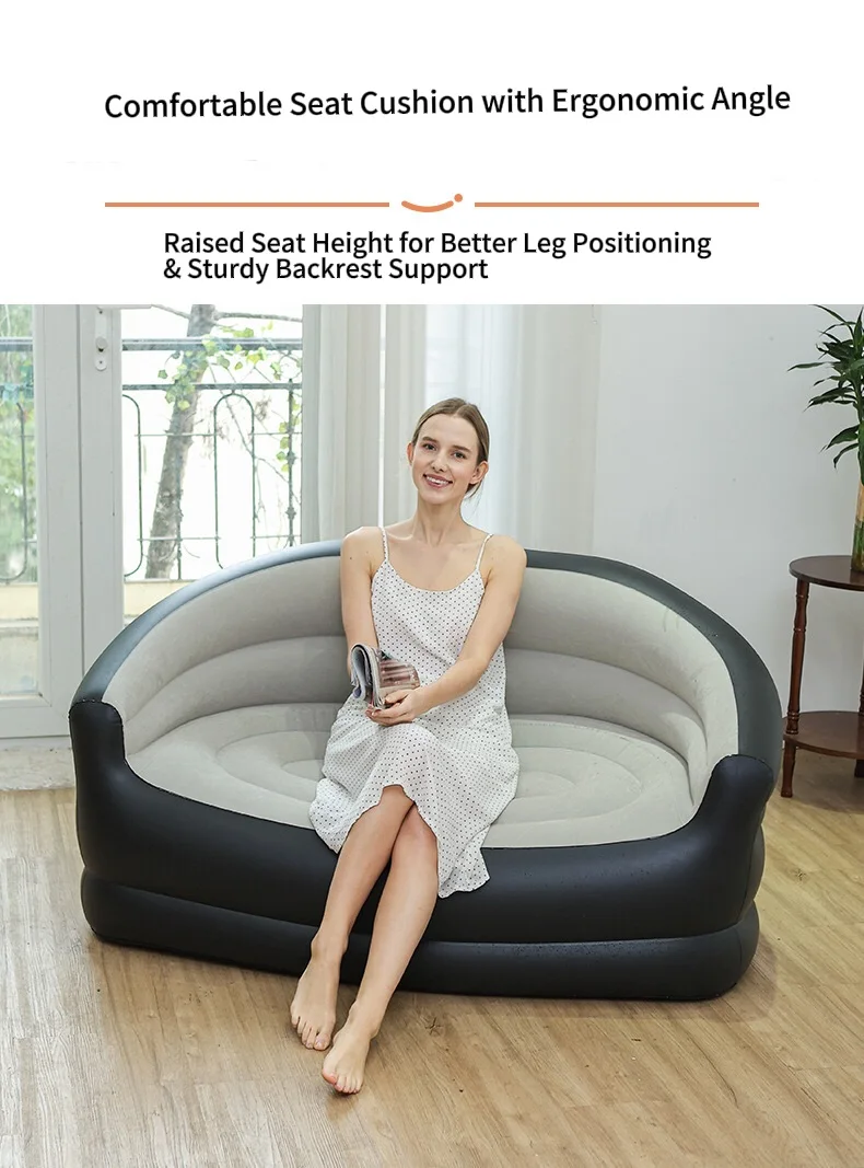 Nieuwe gevlokte opblaasbare dubbele zitbank voor buiten, woonkamer en parkgebruik voor twee luie tuinmeubilair met voetpomp