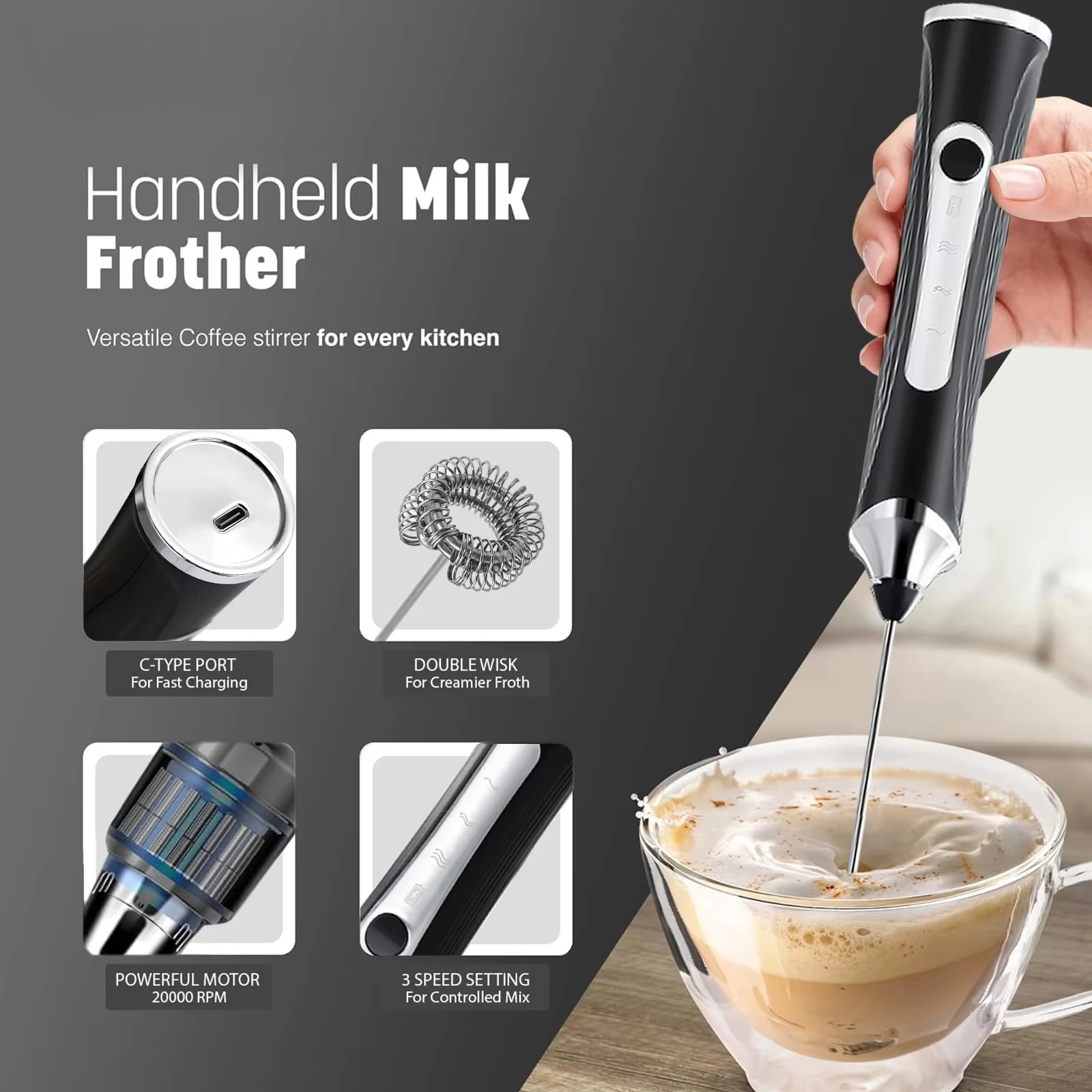 

Electric coffee mixer, milk frother, handheld egg beater, 3-speed jam mixer, picnic travel barbecue ingredient mixer