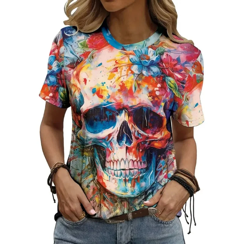 Skeleton Flower Pattern T Shirt For Women Day Of The Dead 3D Printed Short Sleeves Summer Loose T-Shirts O-Neck Tops Street Tees