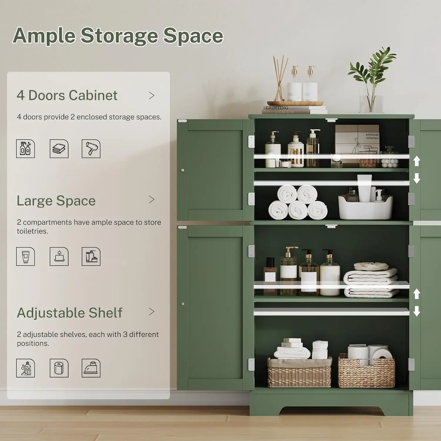 Armário de armazenamento de piso de banheiro, armário de banheiro independente com 4 portas e 2 prateleiras ajustáveis, armário, armários de chão para