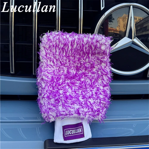 Imagen 2 del producto Guante de microfibra morado premium con logotipo de Lucullan, manopla para lavado de autos con forro interior de puntada de espuma súper absorbente