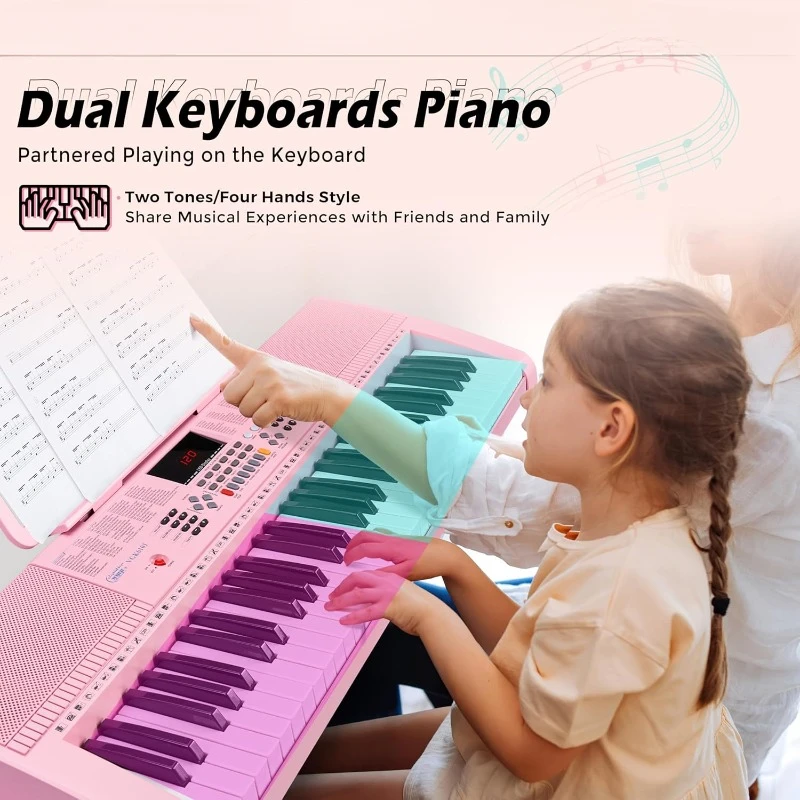 Pink Piano Keyboard 61 Key, Electric Keyboard 400 Rhythms, 50 Demos, Gift for Beginners，home.