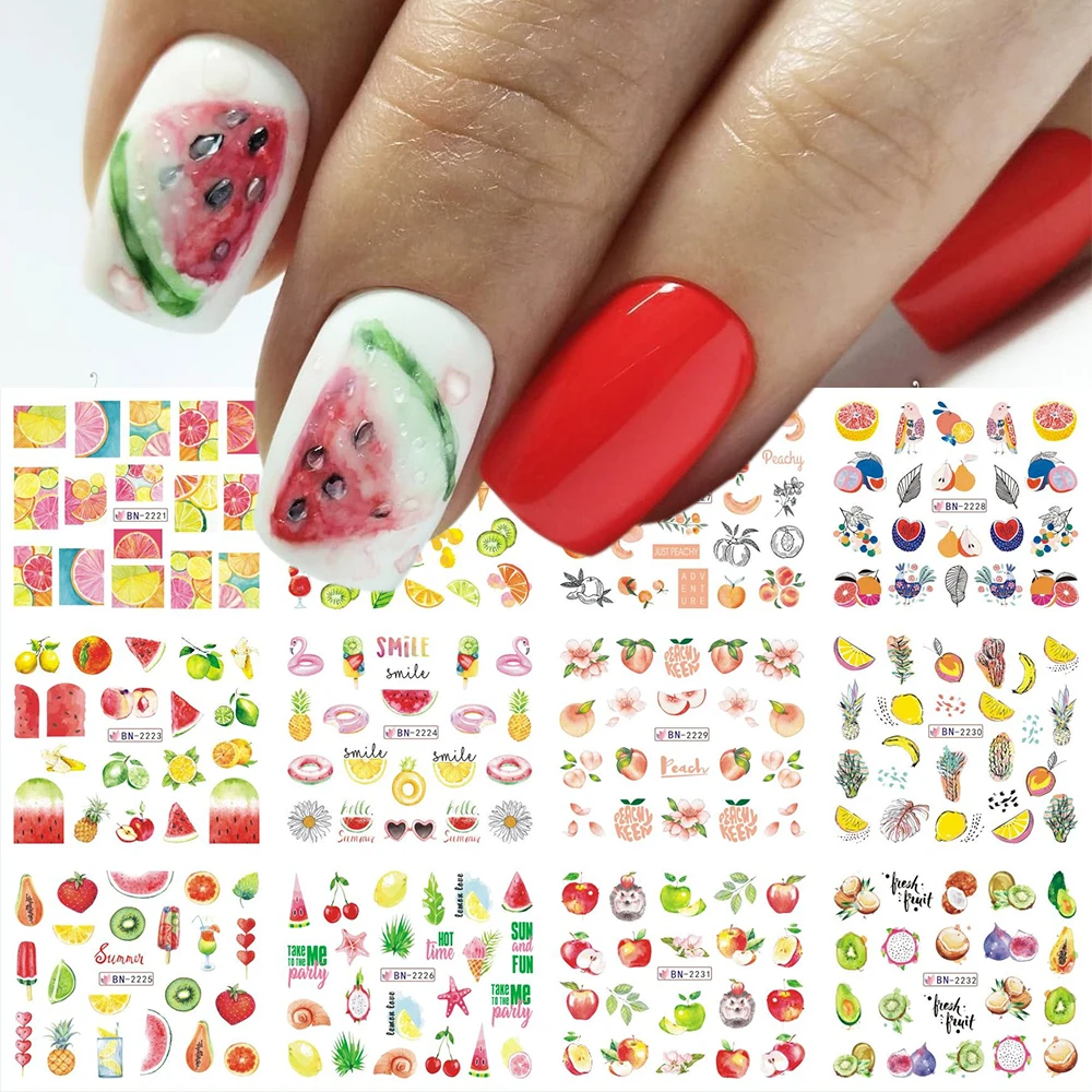 12Pcs Fruits Nail Sticker Summer Water Nail Decals Set Watermelon Kiwi Papaya Sliders Flamingo Manicure Tattoos GLBN2221-2232