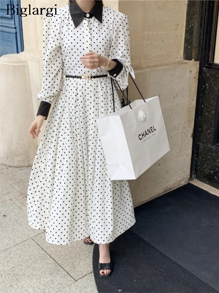 Spring Shirts Midi Dress Women Polka Dot Print Fashion Ladies Dresses Ruffle Pleated Korean Style Loose Long Sleeve Woman Dress