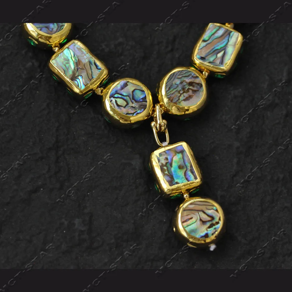 MTC·STAR 19'' 25mm Round Square Peacock Gold Plating Abalone Shell Green CZ Chain Necklace Pendant (Z14750)