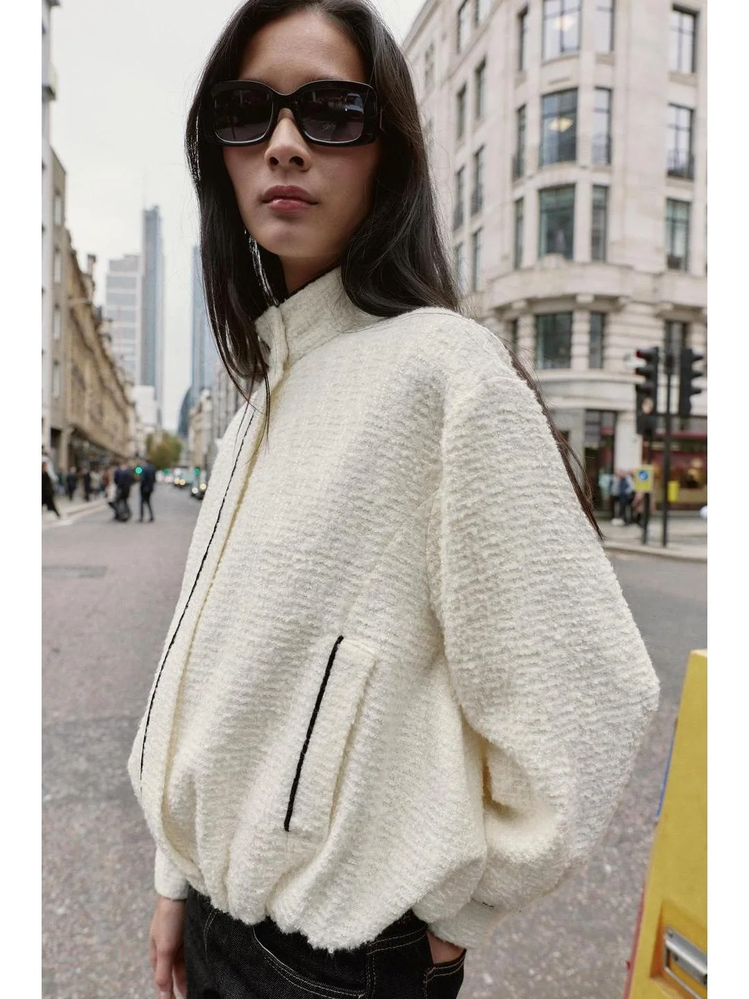 レディース パイロットジャケット 長袖 スタンドカラー パッチワークトリム 秋 エラスティックヘムライン ファッショナブル ストレートカット アウター