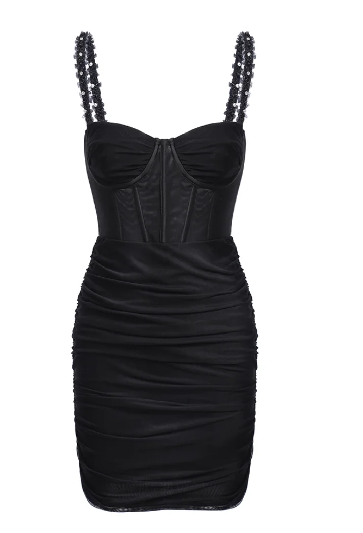 Original design black rhinestone chain fishbone sexy party dress bodycon dress