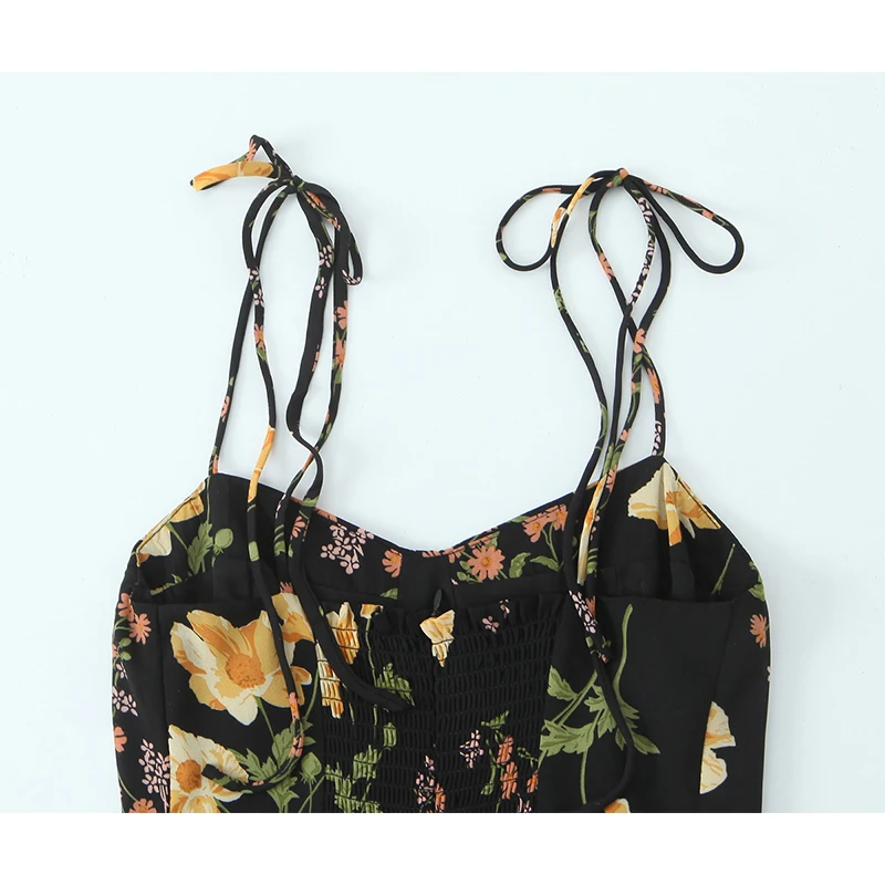 YENKYE French Style Vintage Floral Print Sling Dress Women Sexy Front Slit High Waist A-line Midi Summer Dresses Holiday Robe