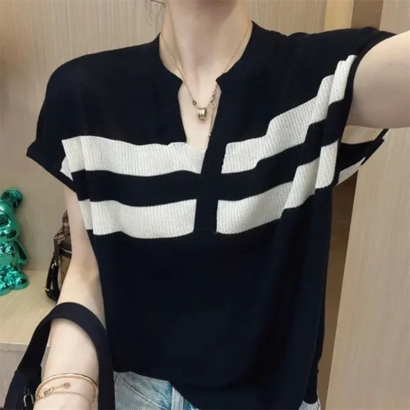 Women Simple Fashion Striped Polo Collar Ice Silk Thin Knitted T Shirt 2024Summer Female Casual Short Sleeve Loose Pullover Tops