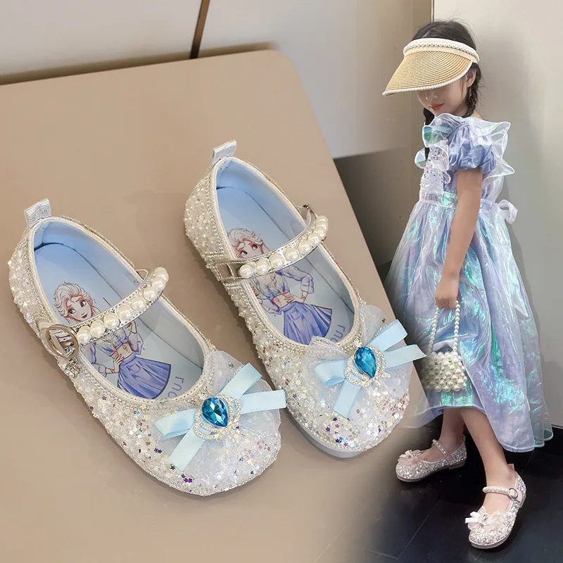 Disney Girl\'s Crystal Shoes Korean Baby Princess Shoes With Sequin Water Diamond Bow Children\'s Soft Sole Square Mouth Shoes