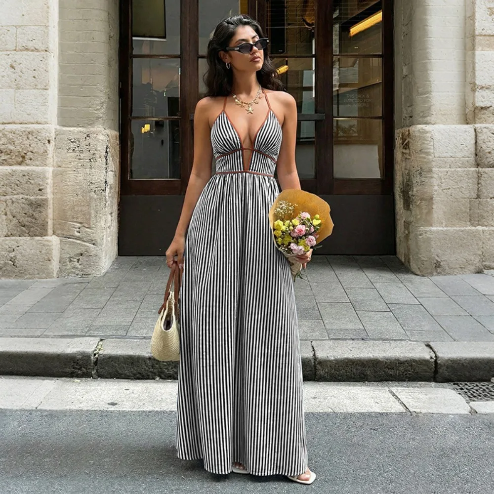New Striped Beach Dress V-Neck Sexy Backless Dress Boho Sleeveless Long Maxi Dress Summer