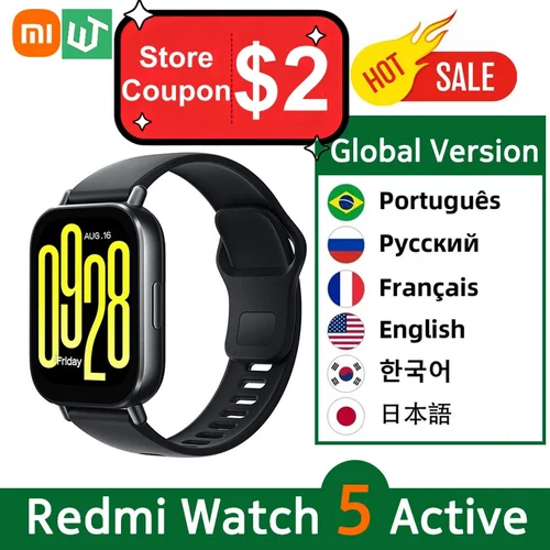 Nueva versión Global Xiaomi Redmi Watch 5 reloj inteligente activo pantalla de 2 ""llamada telefónica Bluetooth más de 140 modos deportivos 5ATM resistente al agua