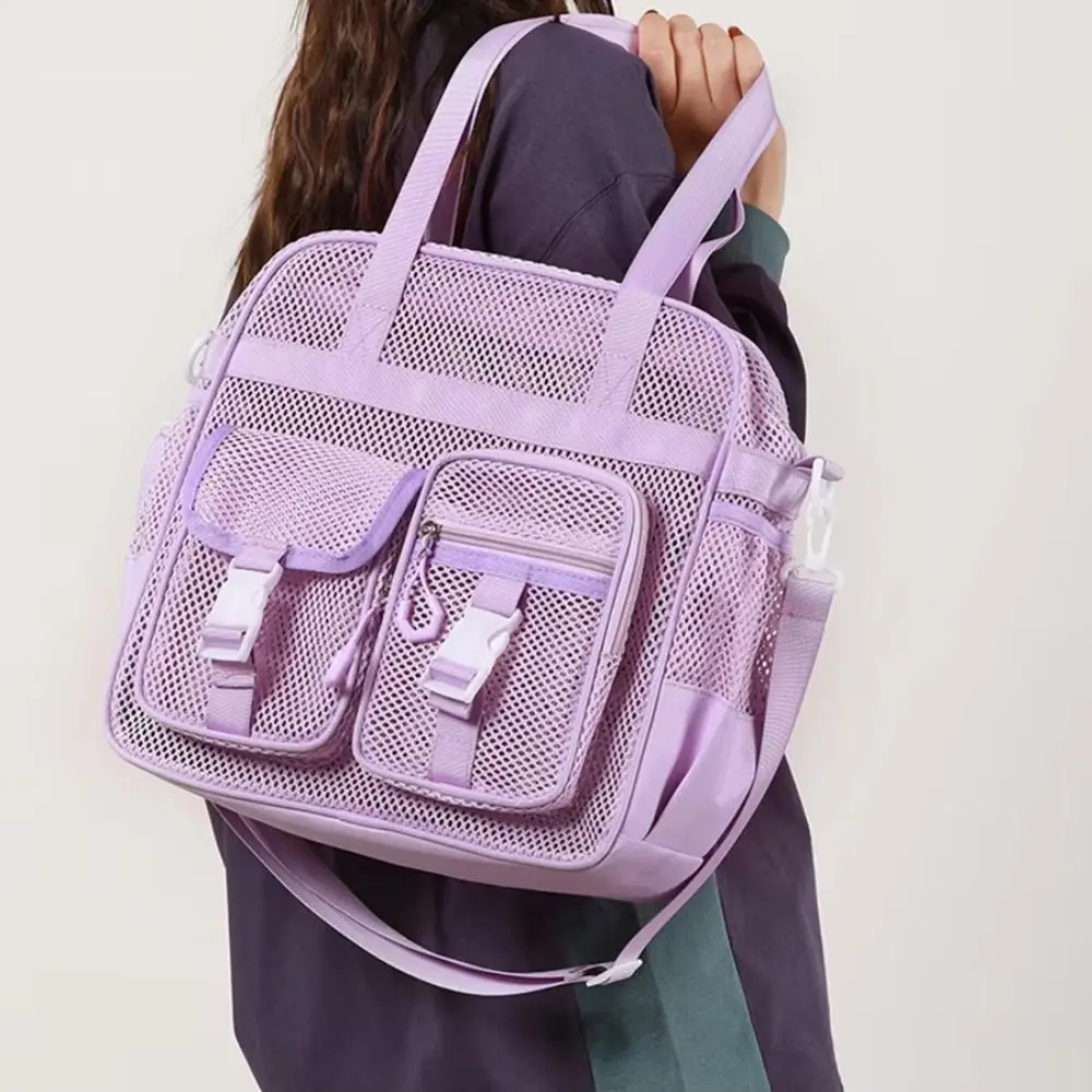 Quick Dry Mesh Shoulder Bag Breathable Multi-Pocket Crossbody Travel Bag Solid Color Adjustable Strap Hollow Out Swim Handbag