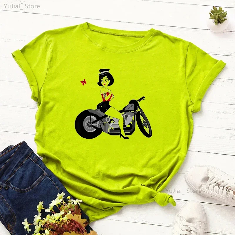 

Fashion Girl Loves Motorcycle Printed T Shirt Women'S Clothing Cool Casual Pink/Green/Gray/Yellow Tshirt Femme Summer T-Shirt