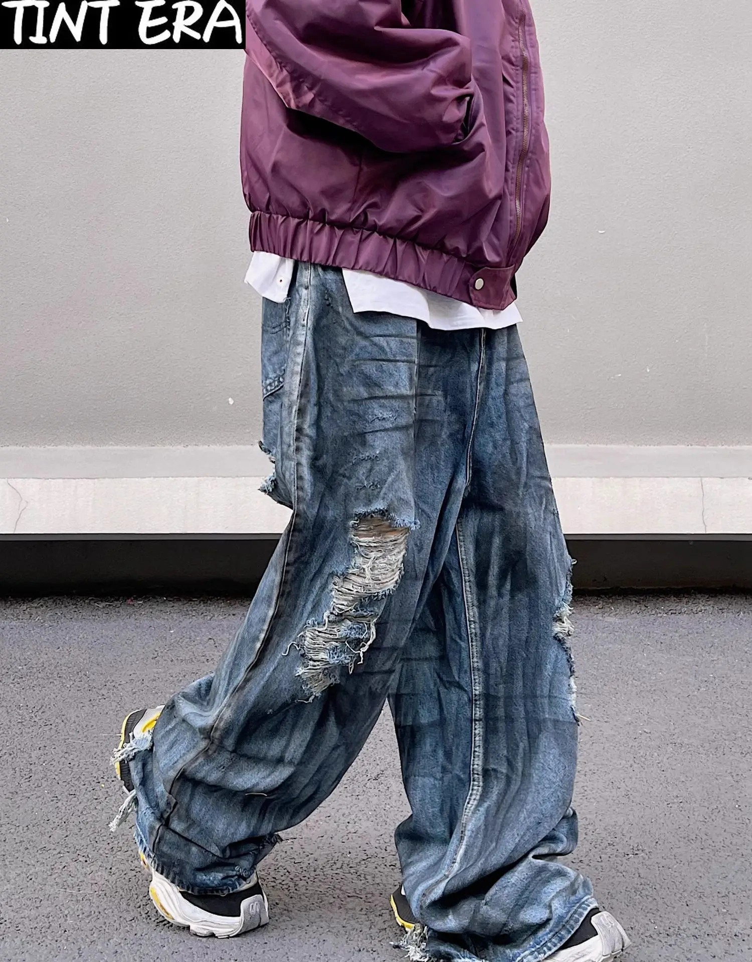 Men's Jeans American High Street Broken Hole Silhouette Wide Leg Trousers 2024 Wide Leg Male Pants