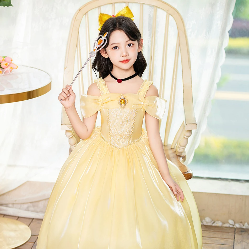 Disney Belle Prinzessin Kleid Mädchen für Schönheit und Tier Cosplay Kostüm Kinder Party Kleidung Magic Stick Krone Kinder Kleidung