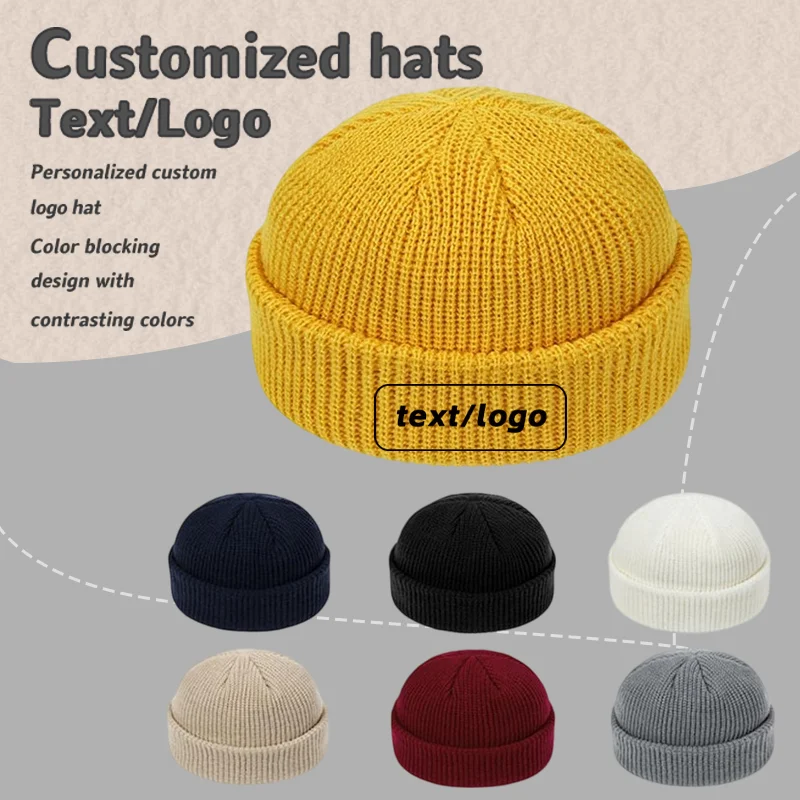 Custom embroidered logo solid color short knitted beanie caps winter landlord hat warm pullover cold hats for men and women