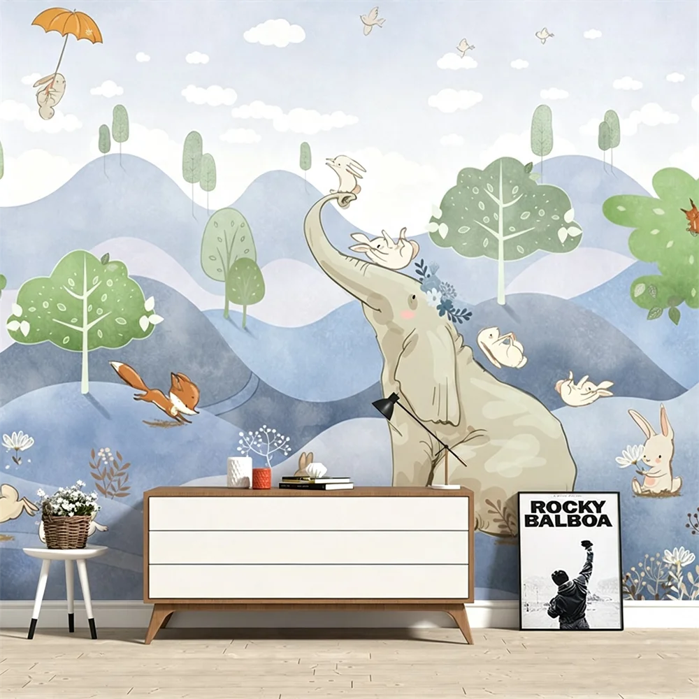 Custom Nordic bedroom Cartoon elephant wallpaper for children's room TV background cartoon animals wallpaper mural living room