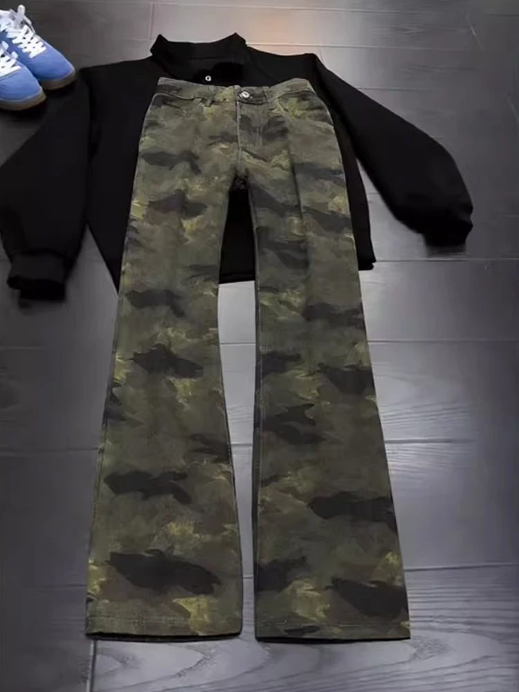 

Мужские расклешенные джинсы в американском ретро-стиле с камуфляжным принтом, рабочие брюки с эффектом потертости, средняя посадка, хлопок/полиэстер