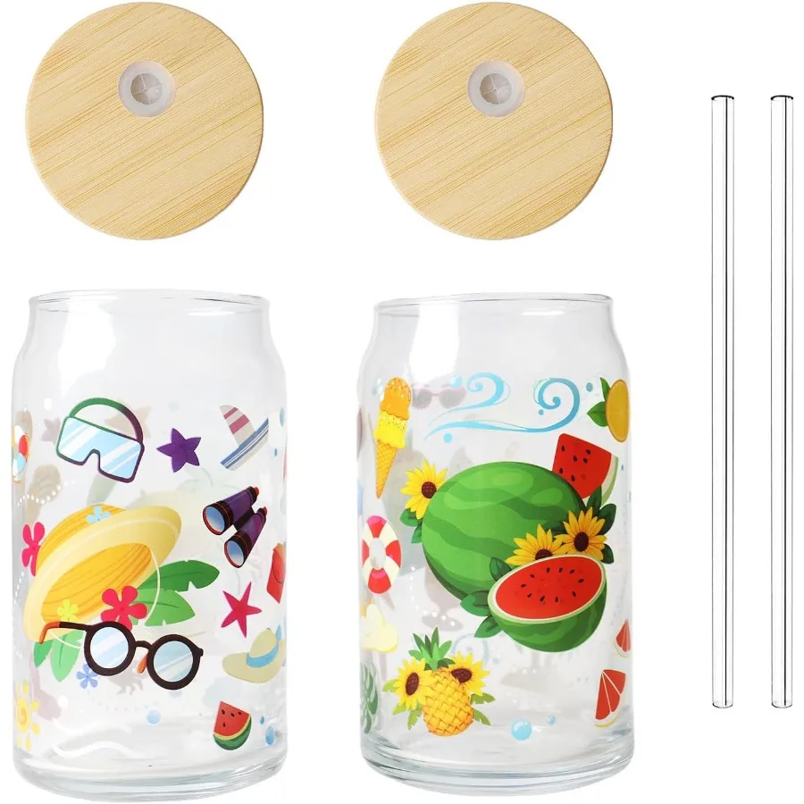 

2PCS Glass Cups with Lids and Straws 16oz Summer Iced Coffee Cups Drinking Glasses Beer Glasses Cute Tumbler Ideal for Cocktail
