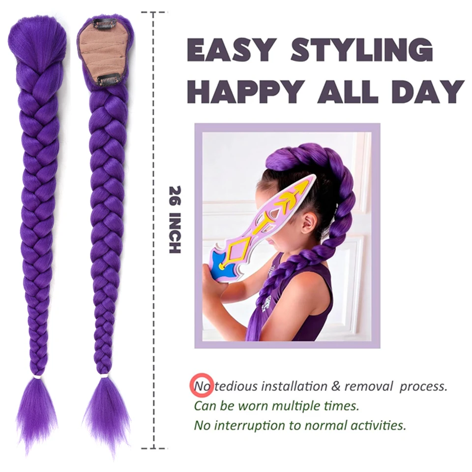 Rabo de cavalo de cabelo roxo trançado sintético, fantasia rumi, rabo de cavalo longo de 26 polegadas com clipes para crianças, meninas, dia das bruxas, natal