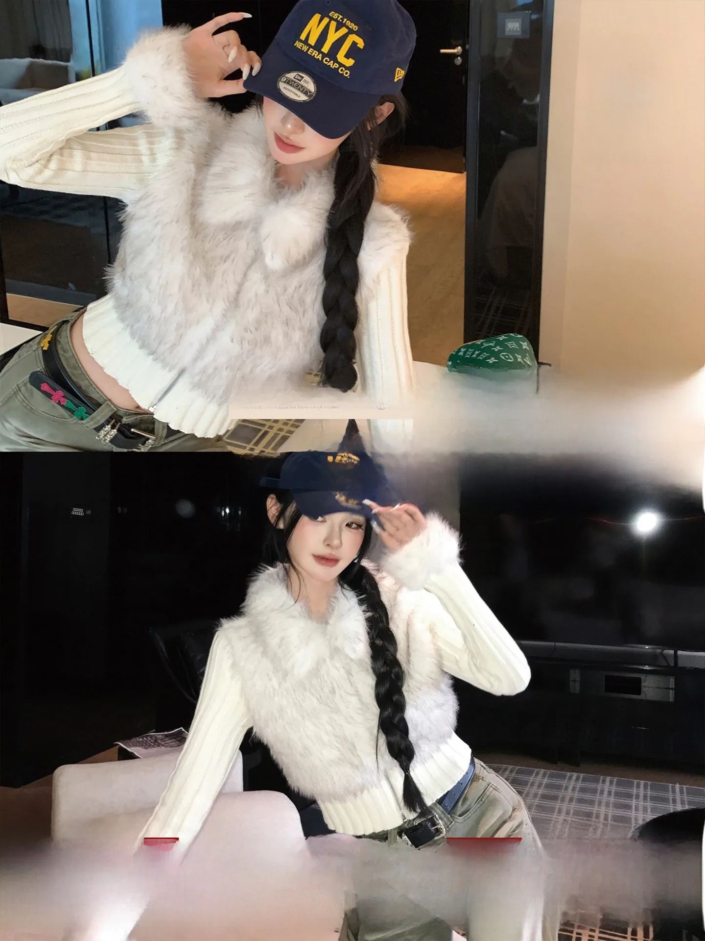 

Warm Fce Lined American Design Sense Spliced Plu Jaet Women's Autumn Winter Slim Fit Top Korean Sle Cotton Blend