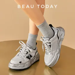 BEAUTODAY Casual Sneakers Women Pigskin Chunky Sole Solid Color Round Toe Lace-up Platform Ladies Autumn Shoes Handmade 29753