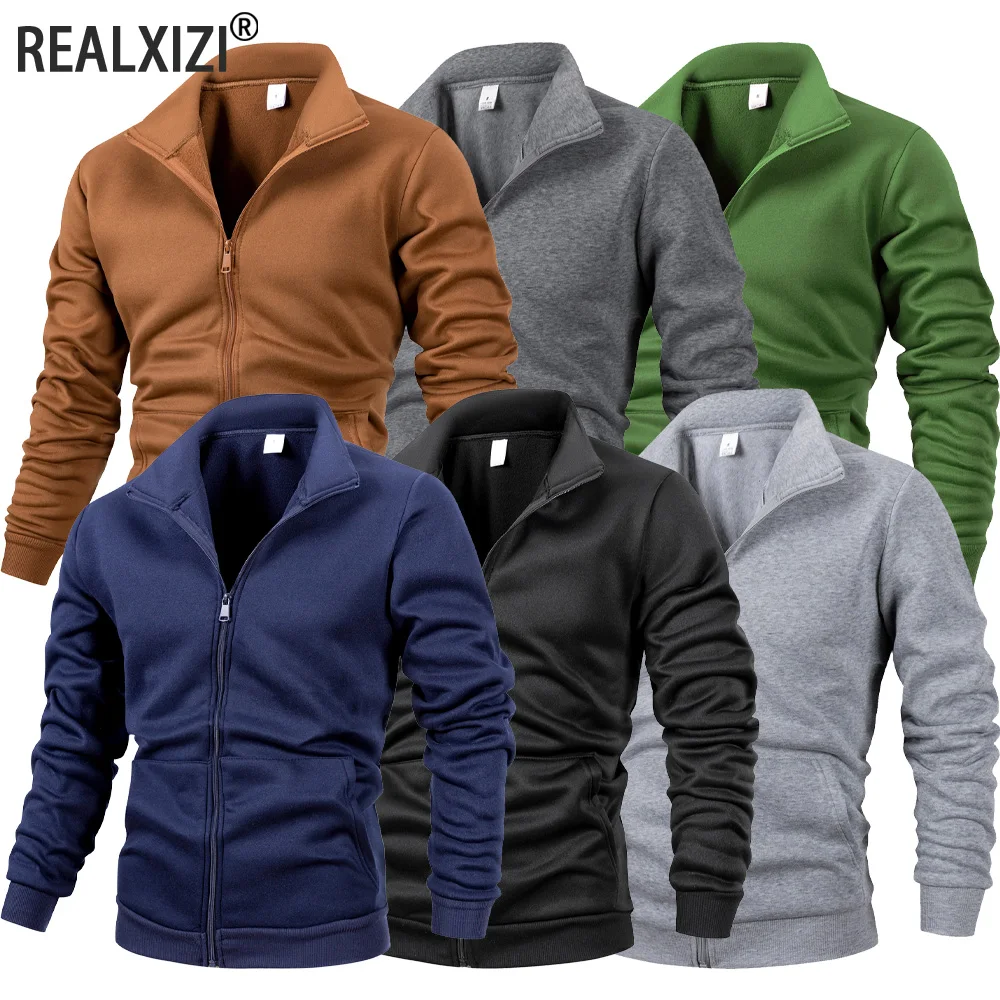 سترات رجالية كاجوال بسحاب وياقة واقفة ومعطف بلون سادة وأكمام طويلة وسترة رياضية خارجية ملابس الشارع