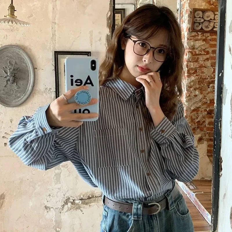

Lucyever Vintage Stripe Women's Shirt Classic All-Match Single-Breasted Office Lady Blouses Autumn Korean Loose Short Shirts