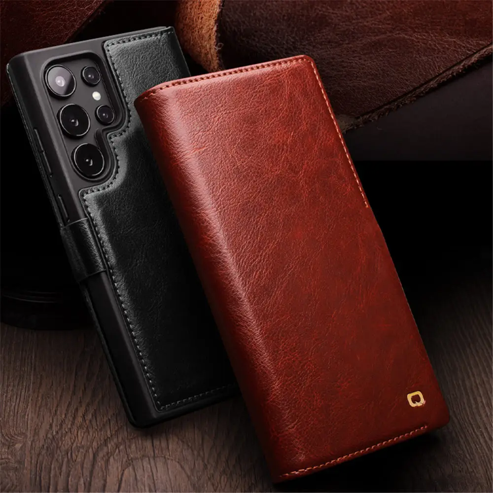 QIALINO Genuine Cowhide Leather Magnetic Flip Case for Samsung Galaxy S24 Ultra S24+ S24 Card Slot Holder Cover