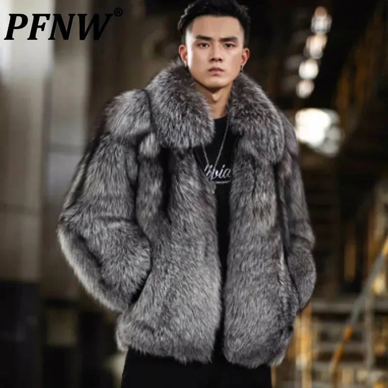 PFNW Men's Thicked Winter Coat Warm Soft Silver Fox Faux Fur Coat Loose Fit Casual Oversized Jacket Fashion 2024 New 12C1171