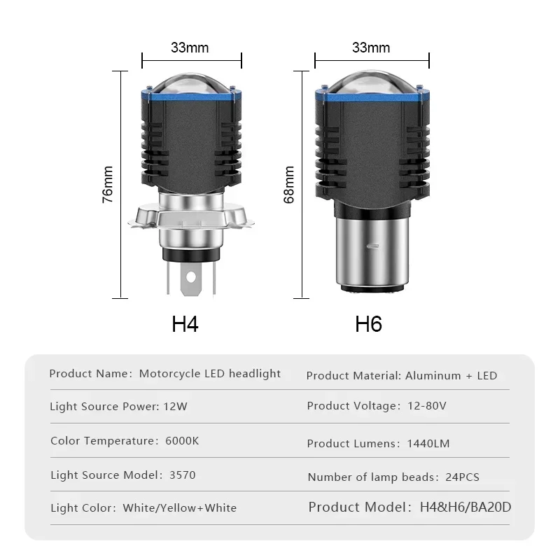 1/2pcs 12-80V 12W LED Motorcycle Headlight Bulbs BA20D H6 H4 Hight Low Beam Moto Light Dual Color White Yellow Scooter Fog Lamp