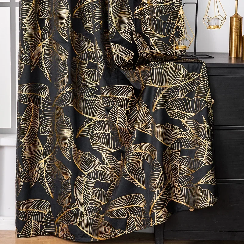 Custom Size French Light Luxury Curtain Palace Living Room Black Bronzing Leaf Velvet Fabric Blackout Decor Bedroom Curtains