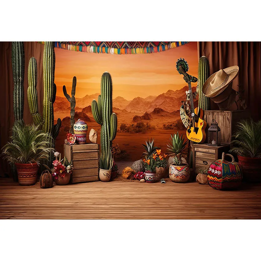 Avezano Backdrop Mexican Western Desert Cactus Floral Guitar Wood Floor Cake Smash Photography Background Photobooth Props